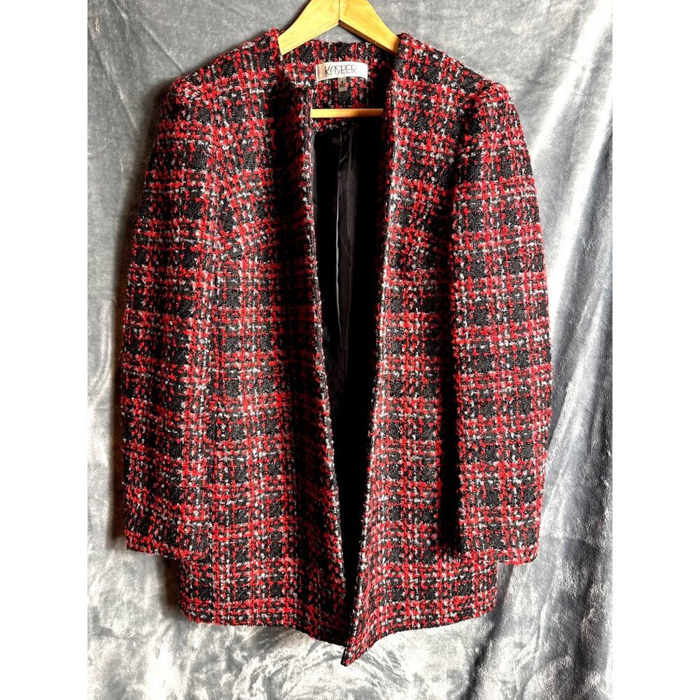 Kasper Womens Medium Tweed Plaid Open Front Blazer Jacket Made In Vietnam
